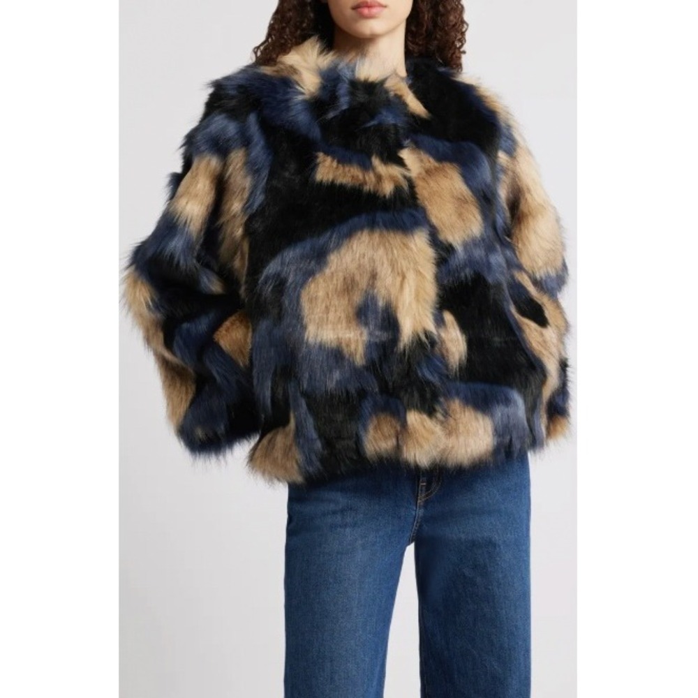 Farm Rio Faux Fur Jacket Blue Tan Black Colorblock Coat Womens Size Medium - Picture 3 of 5